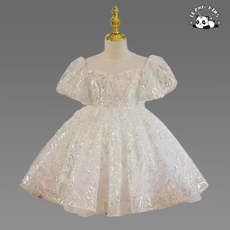 LEZONKIDS - Customize fashion puffy sleeve sequin Girl's princess pink dress flower girls' dresses for party